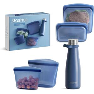 imageStasher OnTheGo Boxed Starter Kit 5Pack Premium Silicone Reuseable Food Storage Bags Deep Ocean Water Bottle MultiUse Travel Containers BPA Free Leakfree Dishwasher Safe EcoFriendly