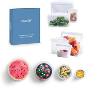 imageStasher Premium Silicone Reusable Food Storage Bags and Stretch Lids 10Pack Clear Airtight Seal Food Containers ampamp Covers Boxed Starter Kit BPA Free Leakfree Dishwasher Safe EcoFriendly10Pack